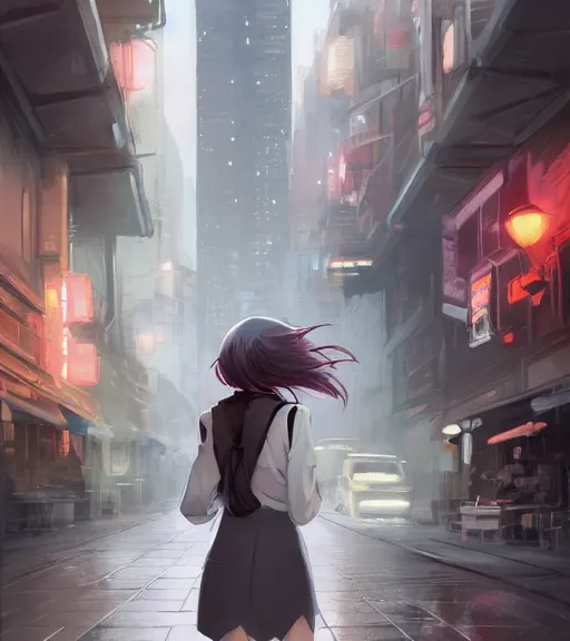 Image similar to a girl in a business is walking in the middle of the street, she has a red necktie and grey hair, digital painting, by tran ross and jordan grimmer and greg rutkowski, anime art, artstation, hd, smooth,