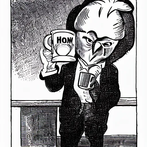 Image similar to black and white comic of a man with the head of an owl, holding a mug of coffee