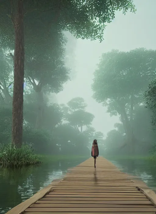 Prompt: a wholesome animation key shot portrait of an beautiful woman walking away from us on long pier, mirror lake, a dense rain forest, dusk, by studio ghibli, animation, sharp, rendered in unreal engine 5, focused, anime key art by greg rutkowski, bloom, dramatic lighting