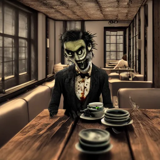 Prompt: waiter angry zombie, detailled portrait, restaurant interior, feeling of grimdark horror, daytime, high contrast, ultra intricate detailed, octane render, unreal engine, style of a dusk falls