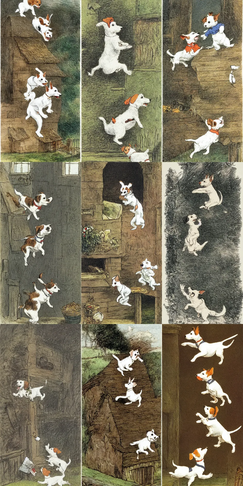 Prompt: jack russel terrier jumping on a house, illustrated by peggy fortnum and beatrix potter and sir john tenniel