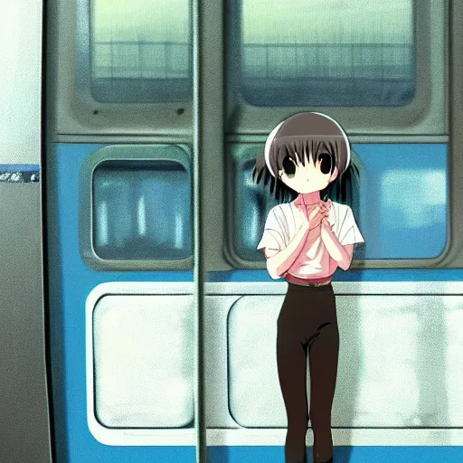 Prompt: a cute anime girl stands on the edge of the door of a moving train, art by hayao miyazaki, studio bind, makoto shinkai