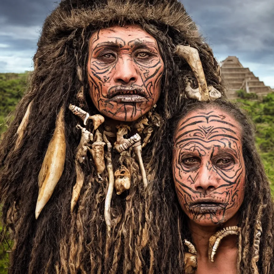 Image similar to extremely detailed award winning national geographic face portrait photography uncut centered and realistic from ancient mayan elder shaman warrior with terrifying face tattoos and heavy bone piercings . 64megapixel. 4k 8k. Photorealistic artwork. Influenced by the movie apocalypto. Landscape background what is slightly blurry and windy.