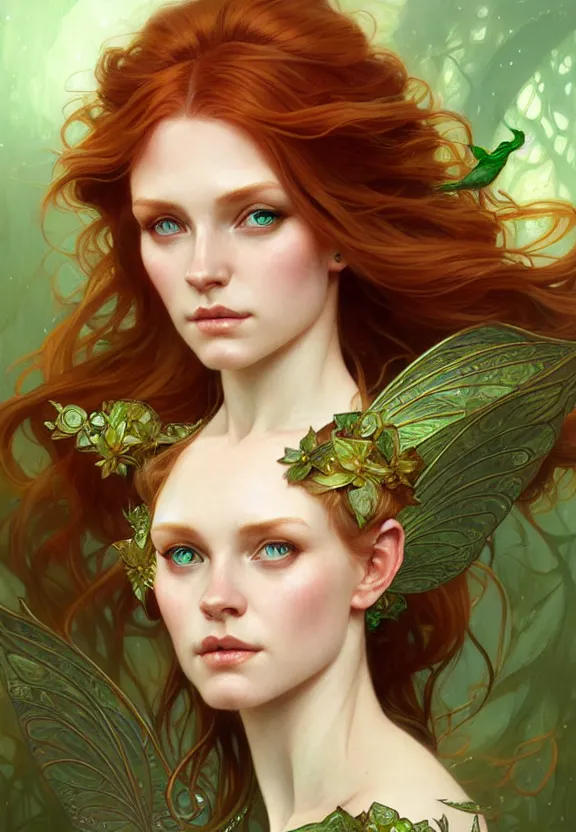 Image similar to portrait of fairy woman, d & d, green eyes, ginger hair, face, fantasy, intricate, elegant, highly detailed, digital painting, artstation, concept art, smooth, sharp focus, illustration, art by artgerm and greg rutkowski and alphonse mucha