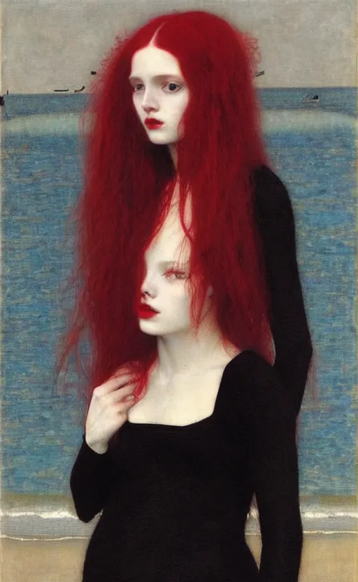 Prompt: portrait of girls with long red hair in black dress, under red water, very beautiful style, girl wrapped in black leather, photorealism, edgard maxence,