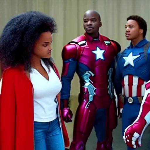 Image similar to a film still of kyla pratt meeting the avengers in 2020