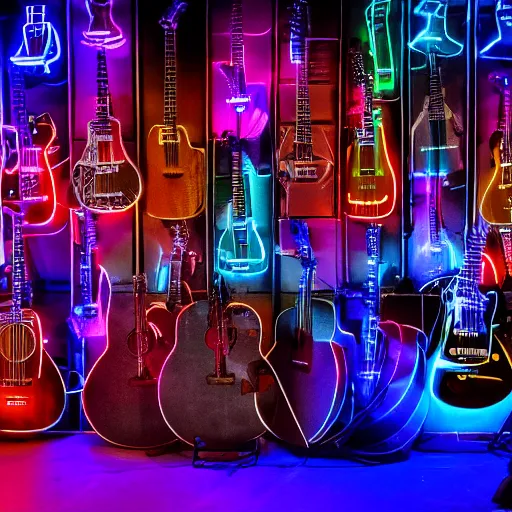 Prompt: 8k photo of a giant Wall of guitars. Detailed, neon lights, nikon