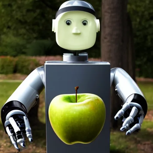 Image similar to a robot butler holding a plate with an apple on it.