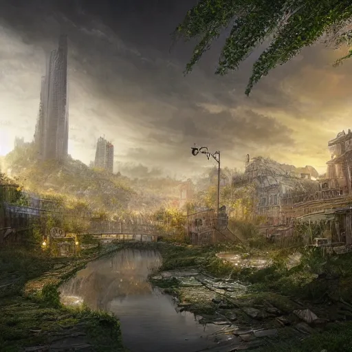 Prompt: a city being reclaimed by nature, highly detailed concept art, specular light