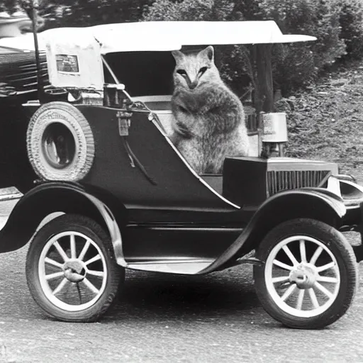 Prompt: a quokka driving a model t ford, black and white photograph