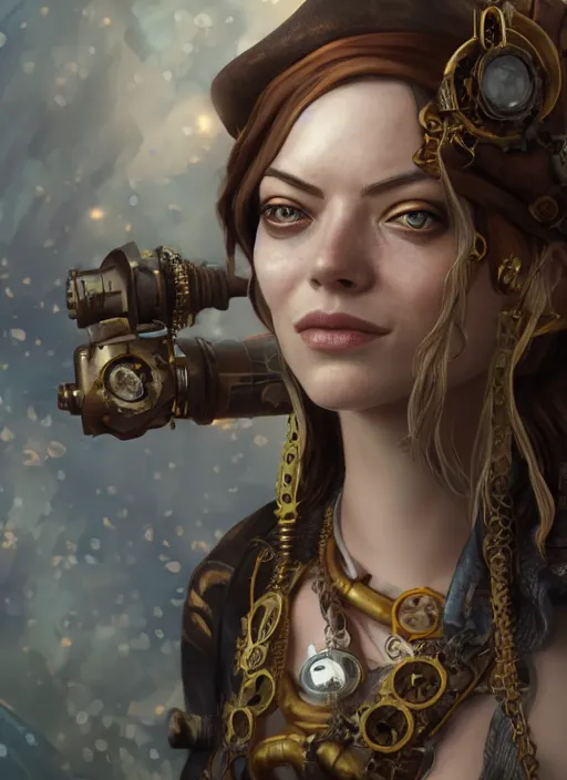 Image similar to underwater steampunk pirate portrait of emma stone, hyper detailed, digital art, trending in artstation, cinematic lighting, studio quality, smooth render, unreal engine 5 rendered, octane rendered, art style by klimt and nixeu and ian sprigger and wlop and krenz cushart.