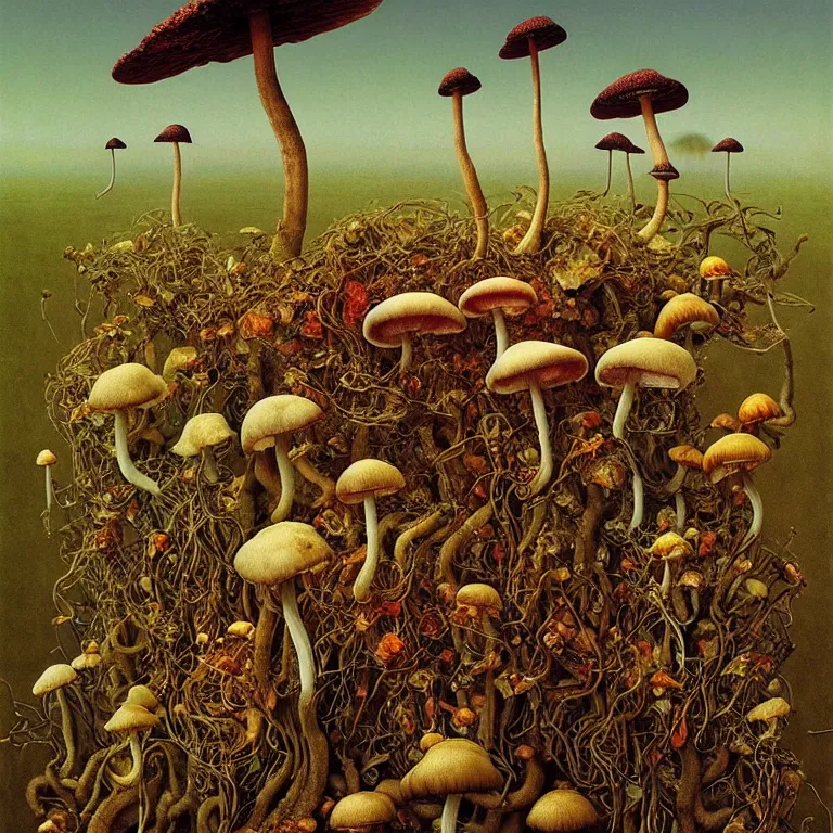 Image similar to Kombucha, tea mushroom, tea fungus, Manchurian mushroom fly in cosmos. Extremely high details, realistic, fantasy art, solo, masterpiece. Art by Zdzisław Beksiński, Arthur Rackham, Dariusz Zawadzki