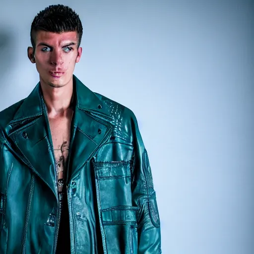 Prompt: an award - winning closeup photo of a male model wearing a baggy teal distressed medieval leather menswear jacket by boris bidjan saberi, 4 k, studio lighting, wide angle lens