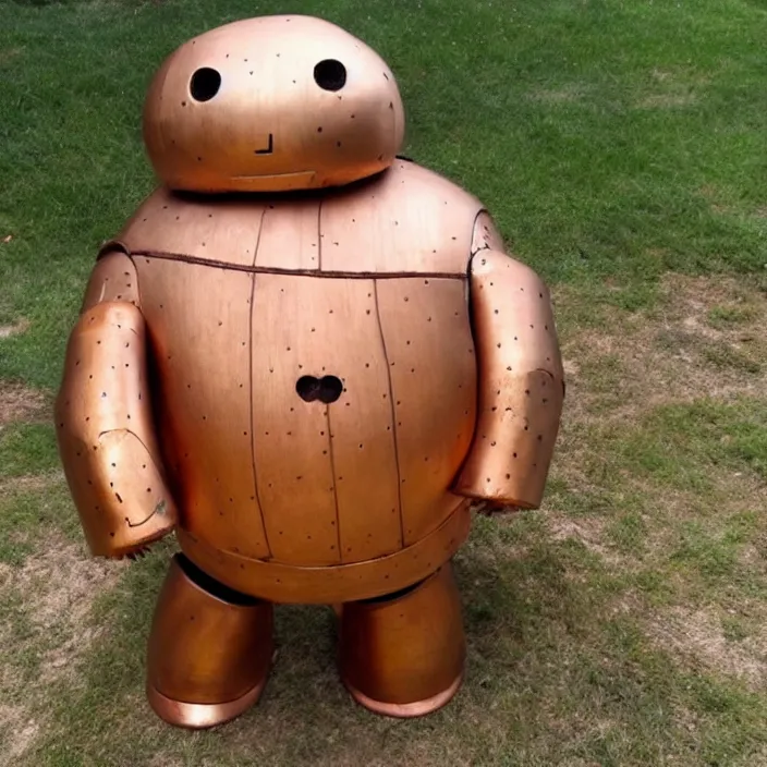 Image similar to a medieval baymax made out of wood and copper