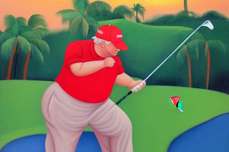 Prompt: chubby Donald Trump with red base cap playing golf on a golf course nearby the sea in the sunset with palms, by Botero, oil painting