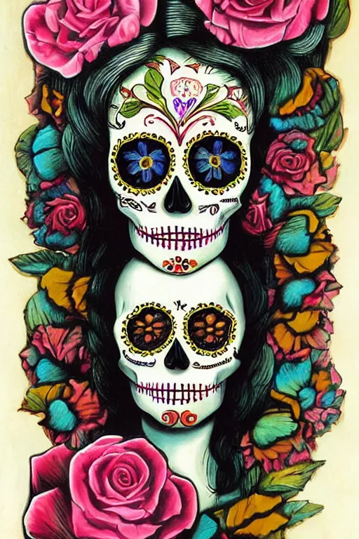 Prompt: Illustration of a sugar skull day of the dead girl, art by Salvador Dali