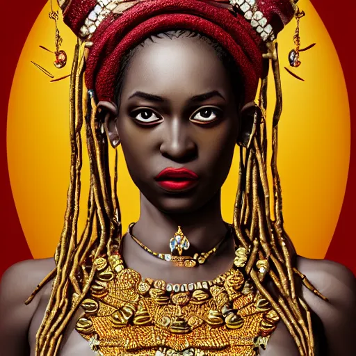 Image similar to : portrait of divine African orisha with big gold headdress covered in diamonds and jewls detailed render hyper-realistic cgsociety