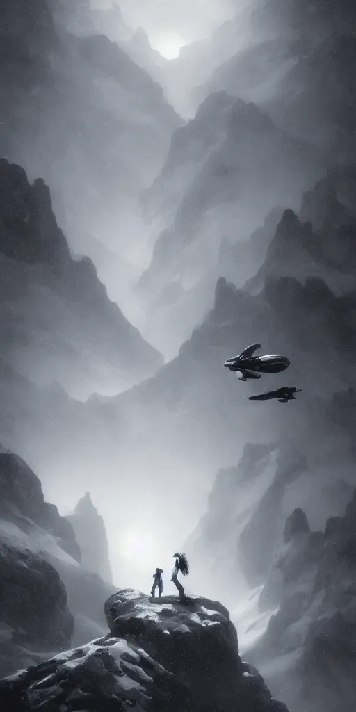 Prompt: A beautiful female alien flying over a foggy snowy mountain, Realistic, Refined, Detailed Digital Art, Oil Painting, William-Adolphe Bouguereau, Renaissance, Highly Detailed, Cinematic Lighting, black and white, tintype, Unreal Engine, 8K