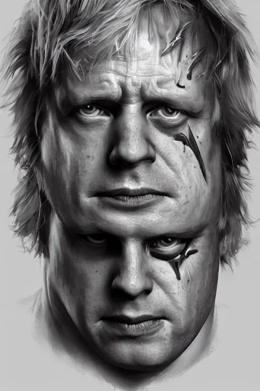 Image similar to Boris Johnson as terminator with red eyes, Boris Johnson hairstyle, full body realistic portrait, highly detailed, muscular body, digital painting, artstation, concept art, smooth, sharp focus, illustration, cinematic lighting, art by artgerm and greg rutkowski and alphonse mucha