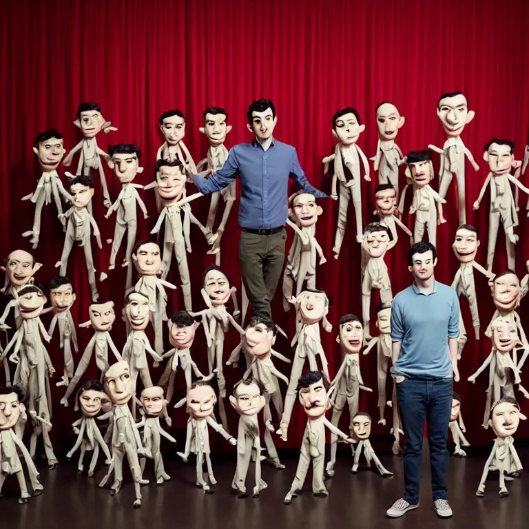 Image similar to focused dslr medium shot photograph of nathan fielder standing in front of dozens of nathan fielder puppets on strings from nathan for you on comedy central on a stage with a red curtain, meta, fractal, trippy, high detail!!! 8 k!!!!, photorealism!!!, sharp focus!!! coherent!!!