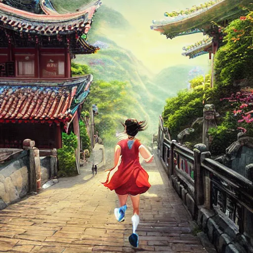 Image similar to portrait of a woman running in jiufen taiwan, an oil painting by ross tran and thomas kincade, studio ghibli