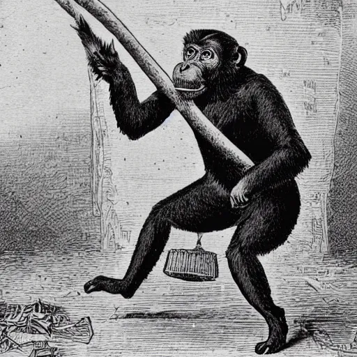 Prompt: Victorian era monkey dancing in a landfill