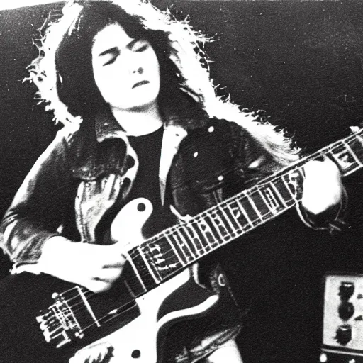 Image similar to 19-year-old girl, thick black shaggy hair, wearing leather jacket and denim jeans, holding electric guitar, stoner rock, super 8mm, 1973