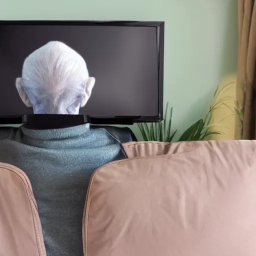 Image similar to an alien in a nursing home sitting on a sofa with a tv tray