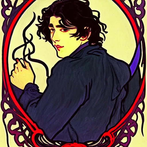 Image similar to painting of young cute handsome beautiful dark medium wavy hair man in his 2 0 s named shadow taehyung and cute handsome beautiful min - jun together at the halloween! party, bubbling cauldron!, candles!, smoke, autumn! colors, elegant, wearing suits!, delicate facial features, art by alphonse mucha, vincent van gogh, egon schiele