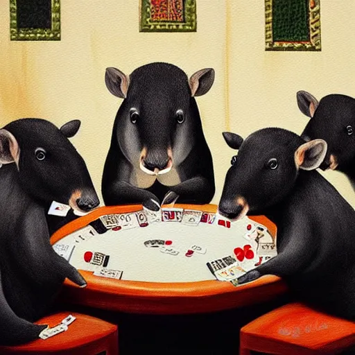 Prompt: A painting of tapirs playing poker.