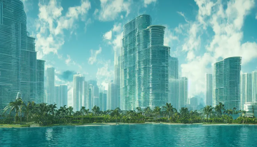 Prompt: futuristic miami with crowded beach and humongous glass buildings with green balconies, view from a boat, volumetric light, hyperdetailed, artstation, cgsociety, 8 k