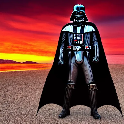 Prompt: A realistic photo with a mixture of Darth Vader and Batman, hyper-realistic, 8K HDR, sunset.