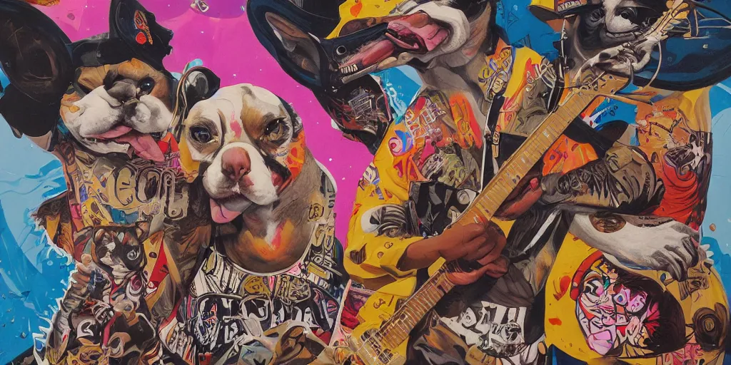 Image similar to beautiful painting of pop punk french buldogs playing punk rock show, by Tristan Eaton, James Gurney, greg rutkowski. trending on Artstation, 8k, masterpiece, graffiti paint, fine detail, full of color, intricate detail, golden ratio illustration, corgi