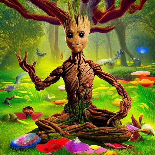 Prompt: Groot meditating in a beautiful forest with many different animals, dynamic, energetic, colourful, exciting, by Igor Zenin
