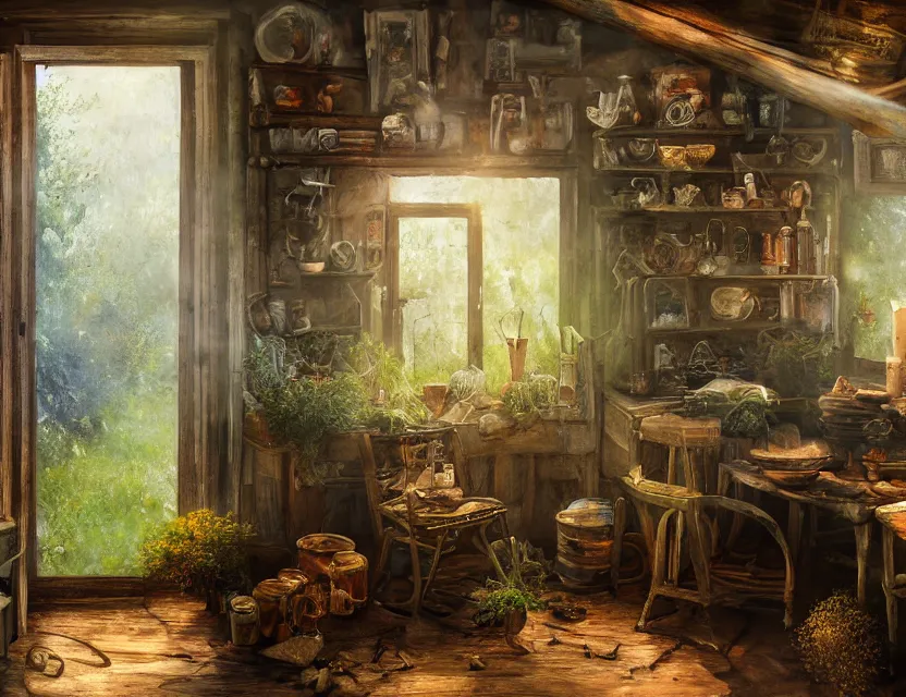 Image similar to expressive rustic oil painting, interior view of a cluttered herbalist cottage, waxy candles, burning herbs smoke, dried herbs, cabinets, wood furnishings, herbs hanging, wood chair, light bloom, dust, ambient occlusion, morning, rays of light coming through windows, dim lighting, brush strokes oil painting