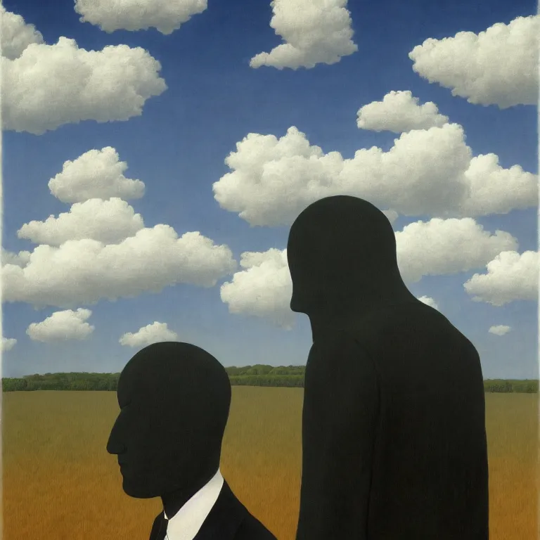 Image similar to portrait of a faceless shadow - head man with messy hair in a suit, clouds in the background, by rene magritte, detailed painting, distance, middle centered, hd, hq, high resolution, high detail, 4 k, 8 k