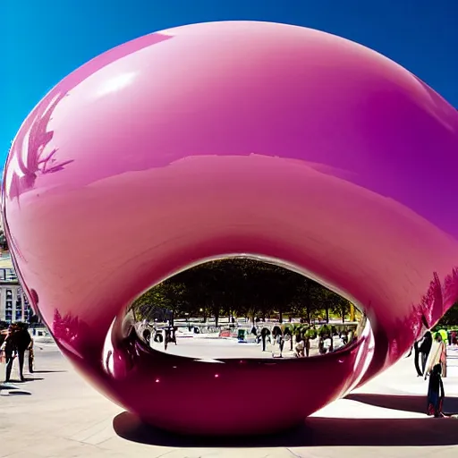 Prompt: the bean sculpture by anish kapoor painted pink, photograph, high resolution