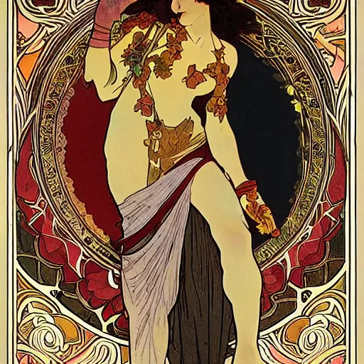 Prompt: persephone as godess of death, painted by alphonse mucha