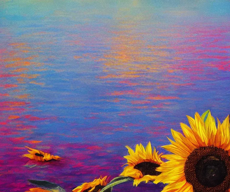 Prompt: sunflowers in the water, william henrits, hovik zohraybyan, water painting, bright colors, pink skies, sunrise, peaceful, serene, joy