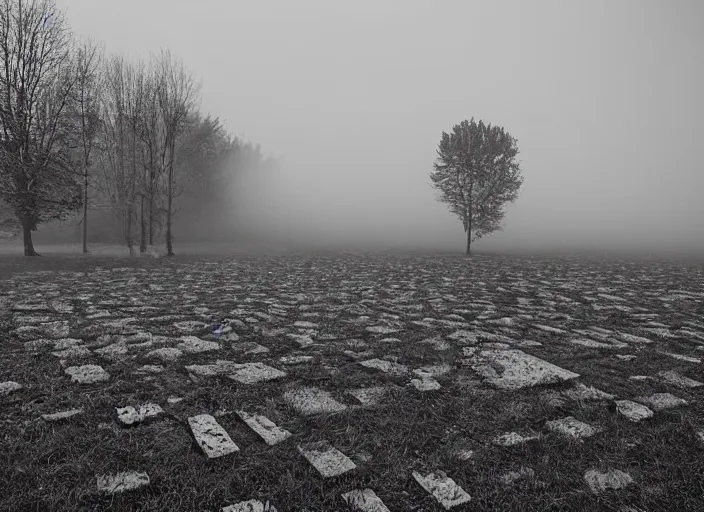 Prompt: high resolution black and white photography with a 3 5 mm f / 2 2. 0 lens of architectural building blocks bulgaria in the middle of nowhere in the 8 0's, there is fog. fine art photography and very detailed