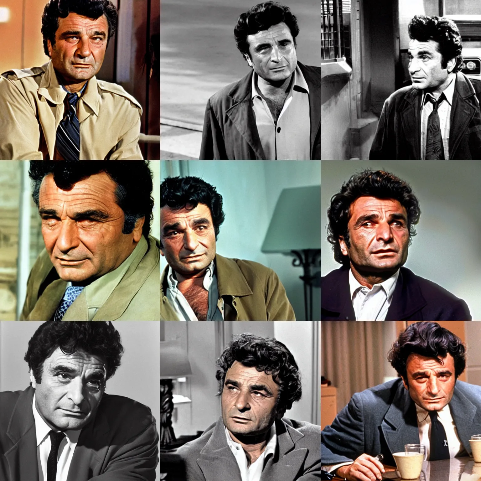 Prompt: a young peter falk as police detective columbo in his messy tan trenchcoat, with narrowed eyes, looking at patstaresat