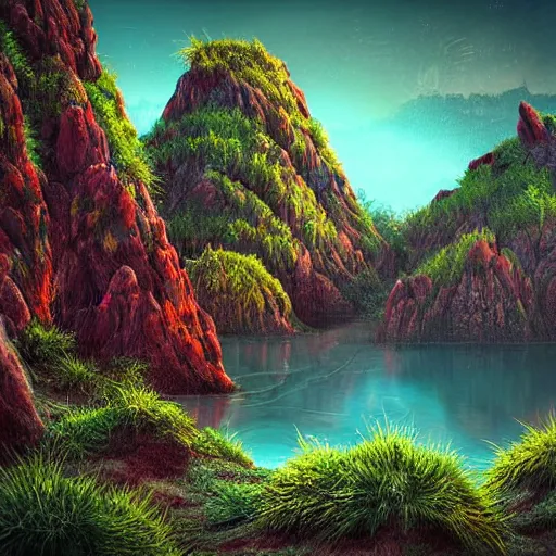 Image similar to digital art of a lush natural scene on an alien planet by lurid ( 2 0 2 2 ). beautiful landscape. weird vegetation. cliffs and water. grainy and rough. interesting colour scheme. soft warm colours. high quality render.