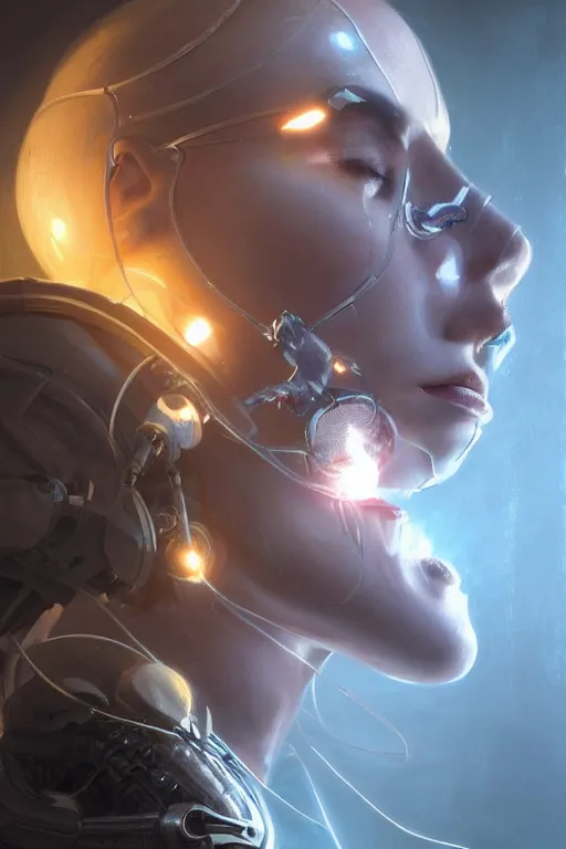 Image similar to a realistic detailed beautiful portrait of a cybernetic woman,glowing orb in her mouth, cyberpunk concept art, digital art, highly detailed, intricate, sci-fi, sharp focus, Trending on Artstation HQ, deviantart, unreal engine 5, 4K UHD image, hyperrealistic, photorealistic, art by artgerm and greg rutkowski and alphonse mucha