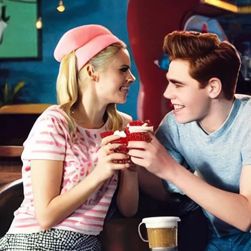 Prompt: Archie Andrews sharing a milkshake with Betty Cooper