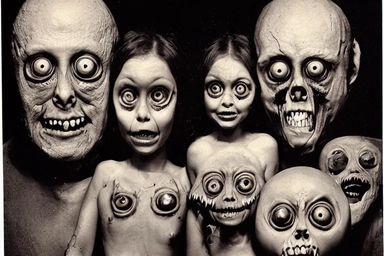 Prompt: studio portrait of a happy creepy mud family with big eyes by bob bottin, horror grotesque, realistic detailed photography 1 9 7 0's