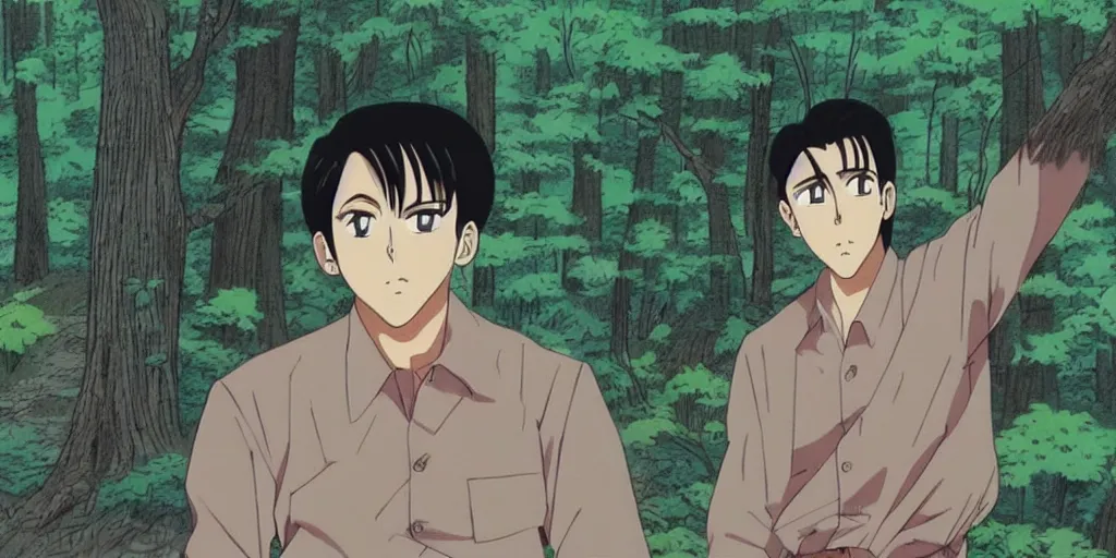 Image similar to a still of a 90s OVA of a man with black hair in a forest