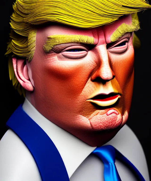 Image similar to hyperrealistic mixed media painting of Donald Trump as a doll, stunning 3d render inspired art by P. Craig Russell and Barry Windsor-Smith + perfect facial symmetry + dim volumetric lighting, serious expression, 8k octane beautifully detailed render, post-processing, extremely hyperdetailed, intricate, epic composition, cinematic lighting + masterpiece, trending on artstation, very very detailed, masterpiece, stunning