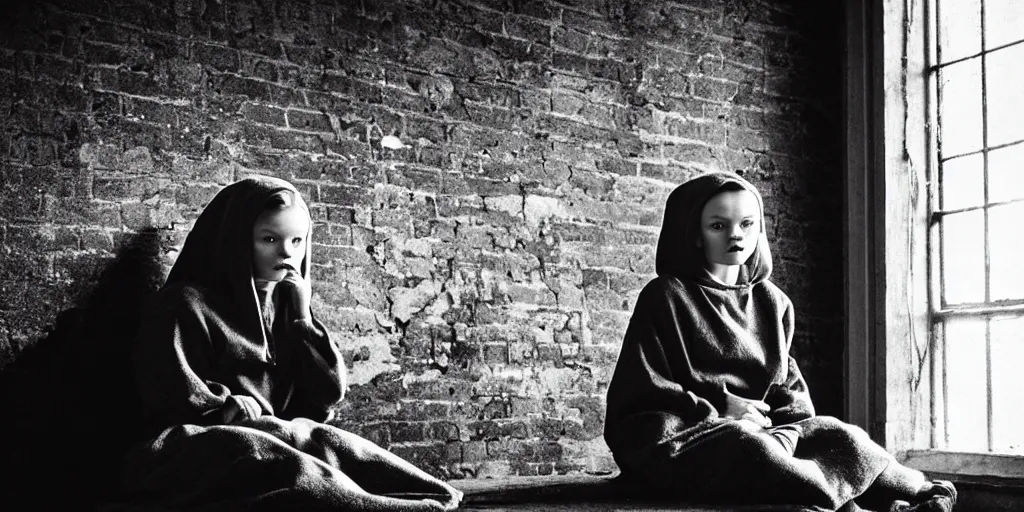 Image similar to at night, sadie sink in hoodie sits on windowsill, knees tucked in | rain falls, old brick wall with ussr propaganda posters : imax b & w film stock, anamorphic, single long shot from schindler's list, by james cameron. cyberpunk, photorealistic, cinematic atmosphere, detailed and intricate, perfect anatomy