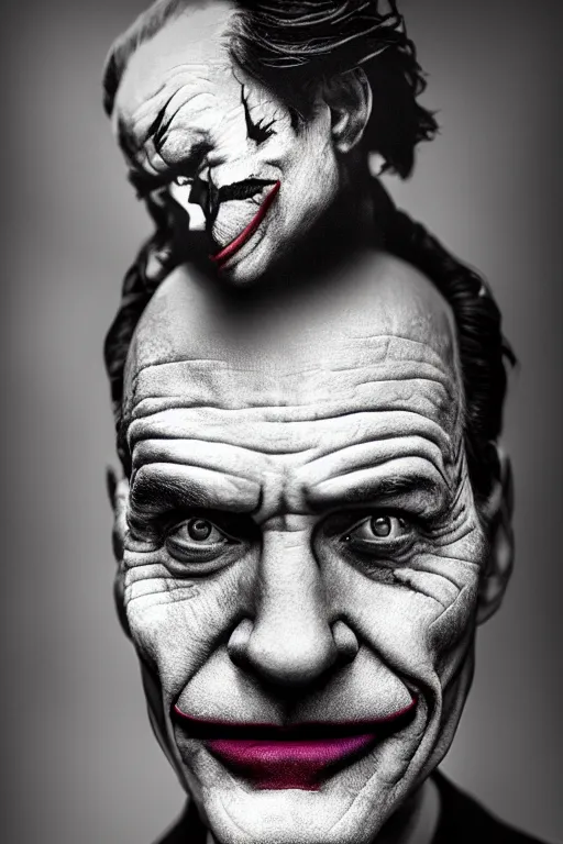 Prompt: photo of Bryan Cranston as the Joker by Lee Jeffries and stanley lau, detailed, award winning, Sony a7R, trending on artstation