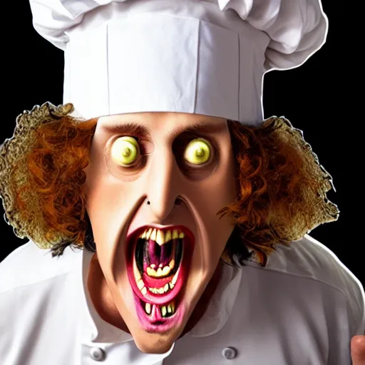 Image similar to a crazed weird al wearing a chef's hat and uniform with half of his lower body inside a bowl of alfredo, realistic, hyperrealistic, ultra realistic, real, real world, highly detailed, very detailed, extremely detailed, intricate details, 8 k resolution, hd quality